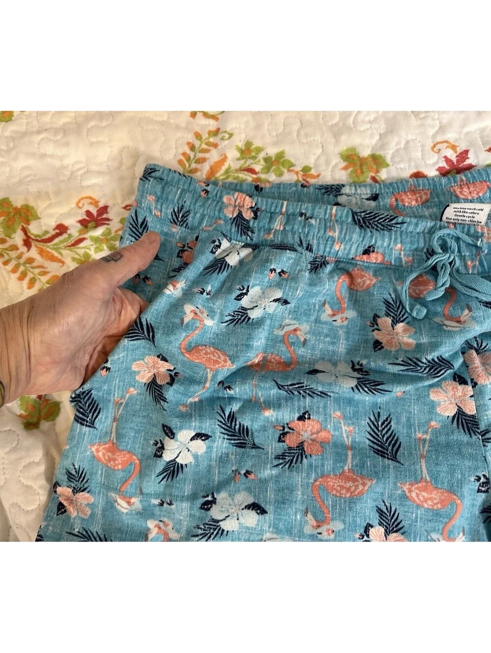 Croft Barrow 2 Pc Blue PJ Set Flamingo Coastal Print Shorts & Tank Pockets 2X